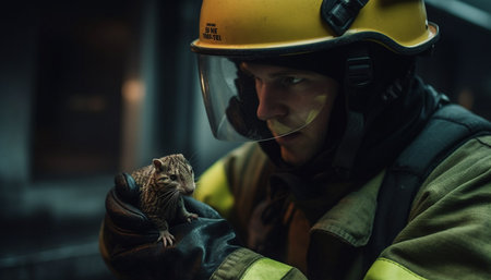 A man in protective workwear rescues a cute animal from fire generated by artificial intelligenceの素材
