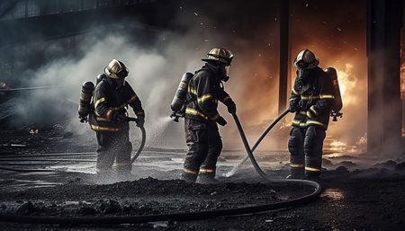 Firefighters in protective suits extinguishing flames at burning construction site generated by artificial intelligenceの素材