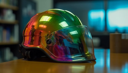 Safety equipment for motorcycle racing, illuminated in blue generated by artificial intelligenceの素材