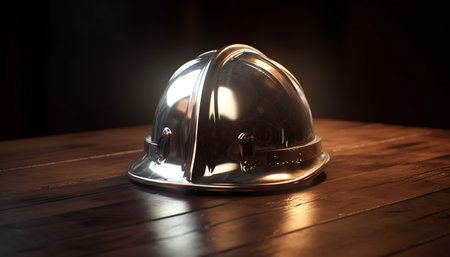 Old fashioned work helmet on wooden table, close up of metal generated by artificial intelligenceの素材