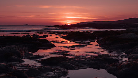 Tranquil sunset over water, nature beauty in silhouette generated by artificial intelligenceの素材