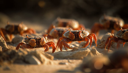 Small group of orange crabs on sandy coastline in summer generated by artificial intelligenceの素材