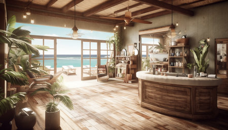 Modern domestic room with wood flooring, elegant chair, and plant generated by artificial intelligenceの素材