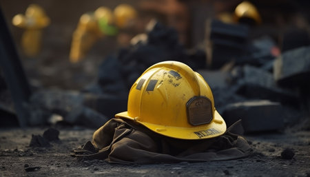 Construction worker wearing a yellow hardhat on a construction site generated by artificial intelligenceの素材