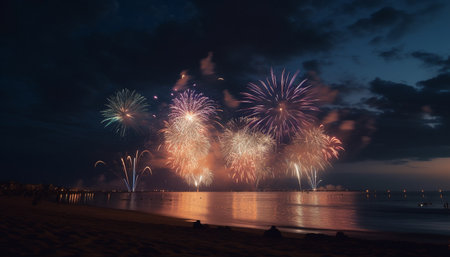 Bright fireworks illuminate the night sky, celebrating a vibrant event generated by artificial intelligenceの素材