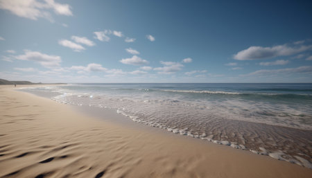 Tranquil coastline, blue wave, summer sunset, beauty in nature generated by artificial intelligenceの素材
