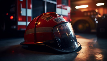 Firefighter driving fire engine with helmet, rescuing in urgency generated by artificial intelligenceの素材