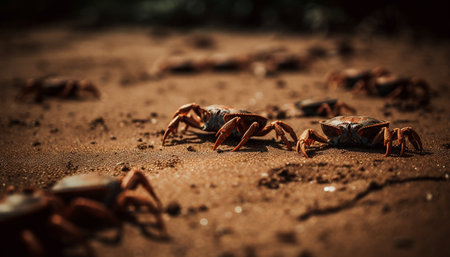 Close up of a small crab crawling on sandy coastline generated by artificial intelligenceの素材