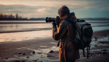 Young adult photographer capturing nature beauty with camera equipment generated by artificial intelligenceの素材