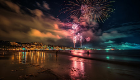 Celebration of summer vibrant fireworks illuminate the cityscape generated by artificial intelligenceの素材