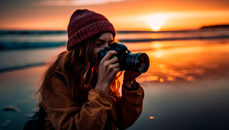 Young woman photographing outdoors, capturing the beauty of sunset generated by artificial intelligenceの素材