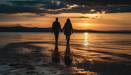 Romantic couple embraces, enjoying sunset, nature beauty, love bond generated by artificial intelligenceの素材