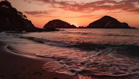 Sunset over the tranquil coastline, waves crashing on sand generated by artificial intelligenceの素材