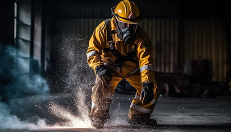 One adult working indoors, spraying, wearing protective workwear generated by artificial intelligenceの素材