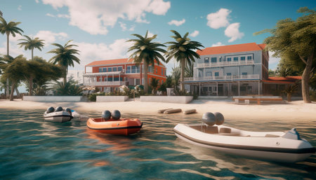 Nautical vessel sails through tropical landscape, water reflecting sunset generated by artificial intelligenceの素材