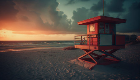 Sunset over the tranquil coastline, lifeguard hut in view generated by artificial intelligenceの素材