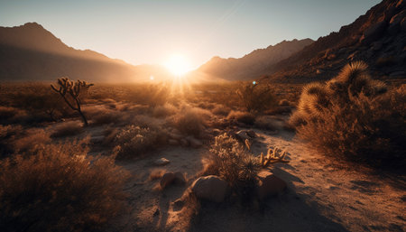 Tranquil scene mountain peak, sunset, grass, sky, water, nature generated by artificial intelligenceの素材