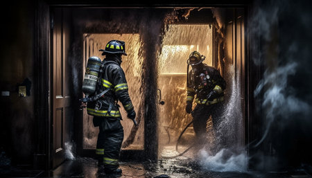 Firefighters in uniform working together to extinguish burning flames generated by artificial intelligenceの素材