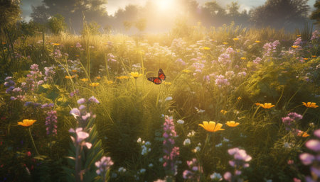 Vibrant wildflowers bloom in a meadow, kissed by the sunset generated by artificial intelligenceの素材