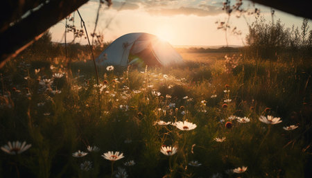 Nature beauty in a summer meadow grass, flowers, and sunset generated by artificial intelligenceの素材