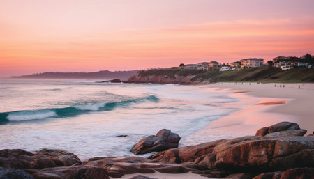 Sunset over the tranquil coastline, water reflecting the multi colored sky generated by artificial intelligenceの素材