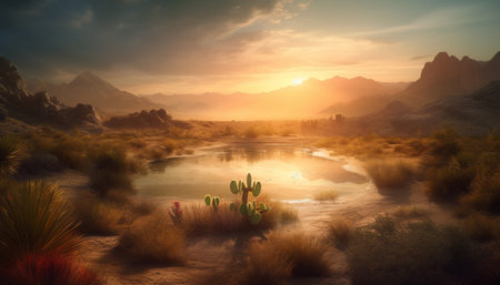 Sunset over the mountain range, reflecting in tranquil water generated by artificial intelligenceの素材