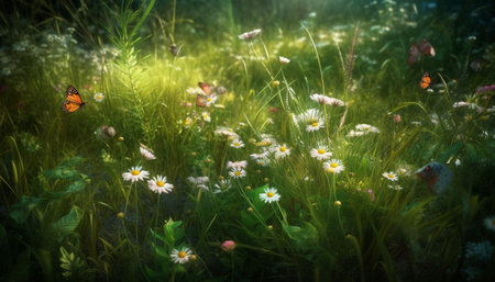 Vibrant yellow daisy blossoms in a tranquil meadow of green generated by artificial intelligenceの素材