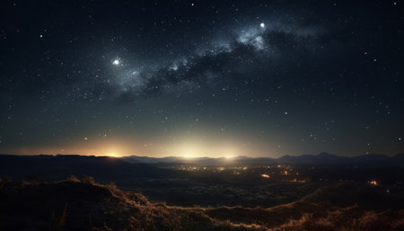 Milky Way illuminates majestic mountain peak in star filled night sky generated by artificial intelligenceの素材