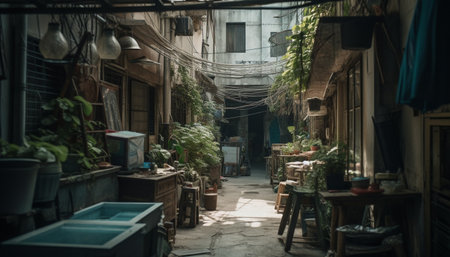 Cultures, architecture, table with night material, store, men, outdoors, travel destinations generated by artificial intelligenceの素材