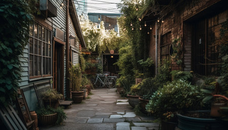 Nighttime cityscape illuminated by street lights and lanterns generated by artificial intelligenceの素材
