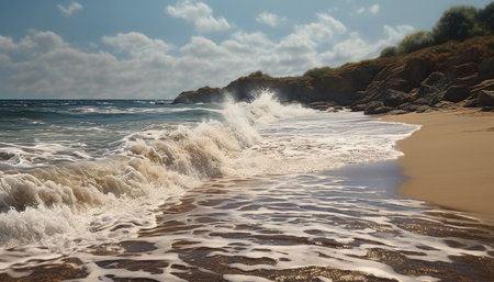 A tranquil seascape with a beautiful coastline, blue water, and sandy beach generated by artificial intelligenceの素材
