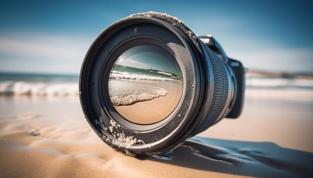 Photographer captures stunning coastline at sunset with fish eye lens generated by artificial intelligenceの素材