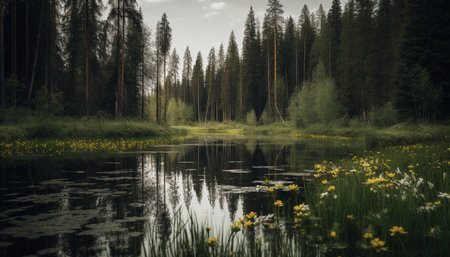 Tranquil scene of a green forest with a peaceful pond generated by artificial intelligenceの素材