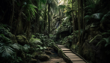 Nature beauty in a tropical rainforest green, lush, and adventurous generated by artificial intelligenceの素材