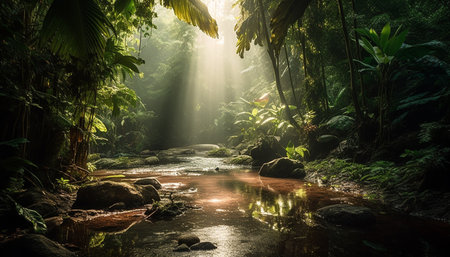 Tranquil scene of a tropical rainforest, with flowing water and green foliage generated by artificial intelligenceの素材
