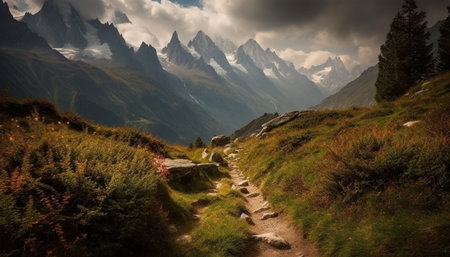 Majestic mountain peak, tranquil meadow, green forest, hiking adventure generated by artificial intelligenceの素材