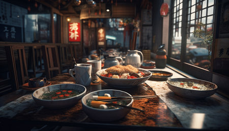 Fresh seafood and grilled meat on a wooden table for lunch generated by artificial intelligenceの素材