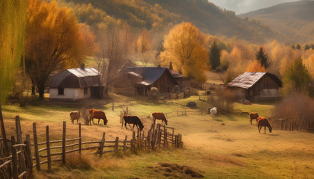 Rural farm, nature beauty, cow grazing on green meadow generated by artificial intelligenceの素材