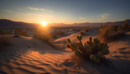 Sand dune landscape, sunset sky, mountain range, tranquil scene, remote wilderness generated by artificial intelligenceの素材