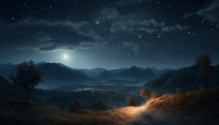 Majestic mountain peak in the dark, foggy night sky generated by artificial intelligenceの素材