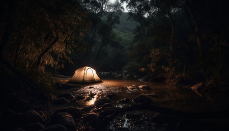 The tranquil scene of a tent in a lush forest generated by artificial intelligenceの素材