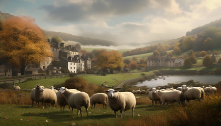 A serene rural farm with sheep grazing in a meadow generated by artificial intelligenceの素材
