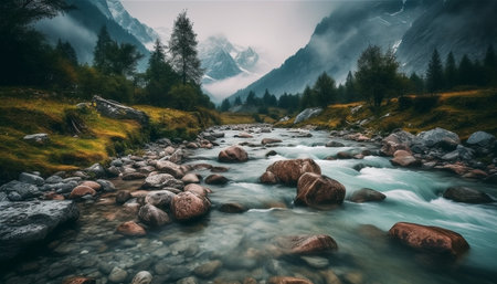 Majestic mountain range, tranquil scene, flowing water, green grass generated by artificial intelligenceの素材