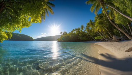 Idyllic summer landscape blue water, sandy beach, tranquil palm tree generated by artificial intelligenceの素材