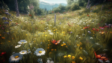 A vibrant meadow of wildflowers blossoms under the summer sun generated by artificial intelligenceの素材