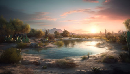 Tranquil sunset scene paints sky, mountains, and water in beauty generated by artificial intelligenceの素材