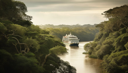 Traveling by ship, surrounded by nature beauty, exploring new destinations generated by artificial intelligenceの素材