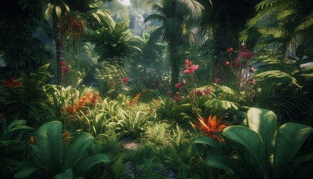 A vibrant green landscape with colorful flowers and a tranquil sunset generated by artificial intelligenceの素材