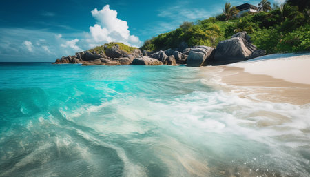 A tranquil Caribbean beach, waves crashing on turquoise waters generated by artificial intelligenceの素材