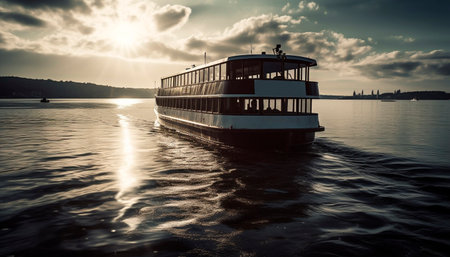 Water reflects the tranquil sunset, a nautical vessel sails peacefully generated by artificial intelligenceの素材